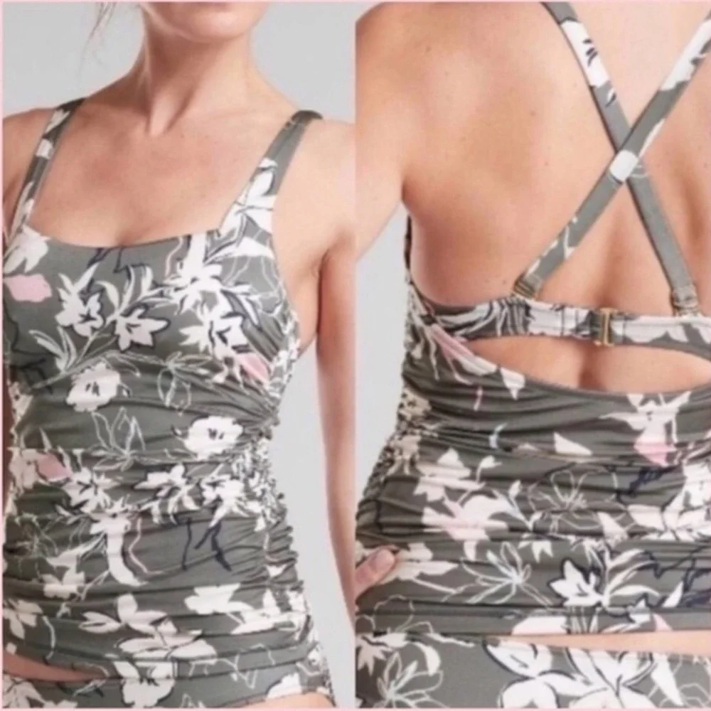 ATHLETA | NWT Gray Pink Aqualuxe Wildflower Floral Built-in-Bra Swim Tank, 32B/C